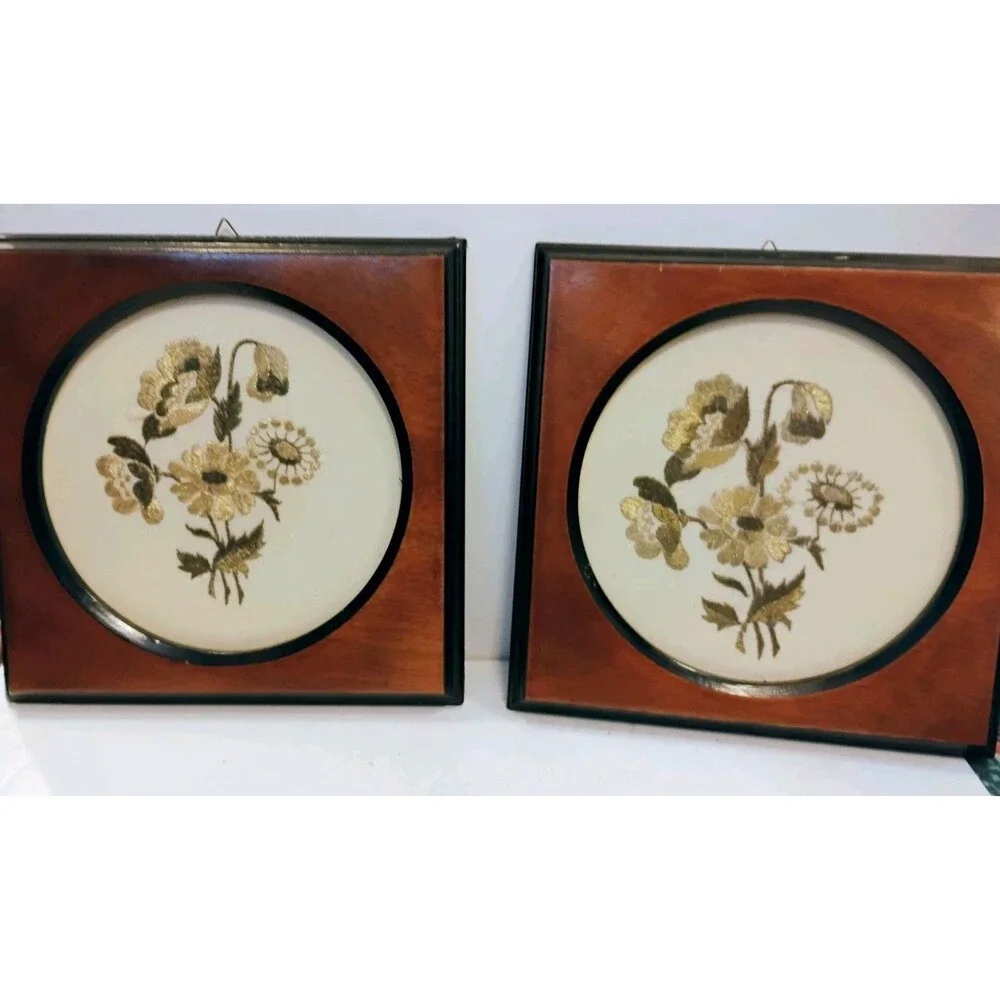 Vtg Pair Metallic Gold Thread Floral Embroidery Wall Art Pictures Wood Frames